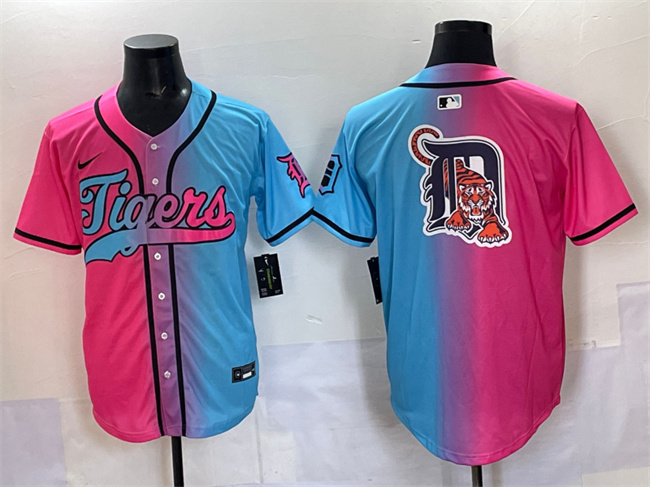 Men's Detroit Tigers Team Big Logo Pink/Blue Limited Stitched Baseball Jersey